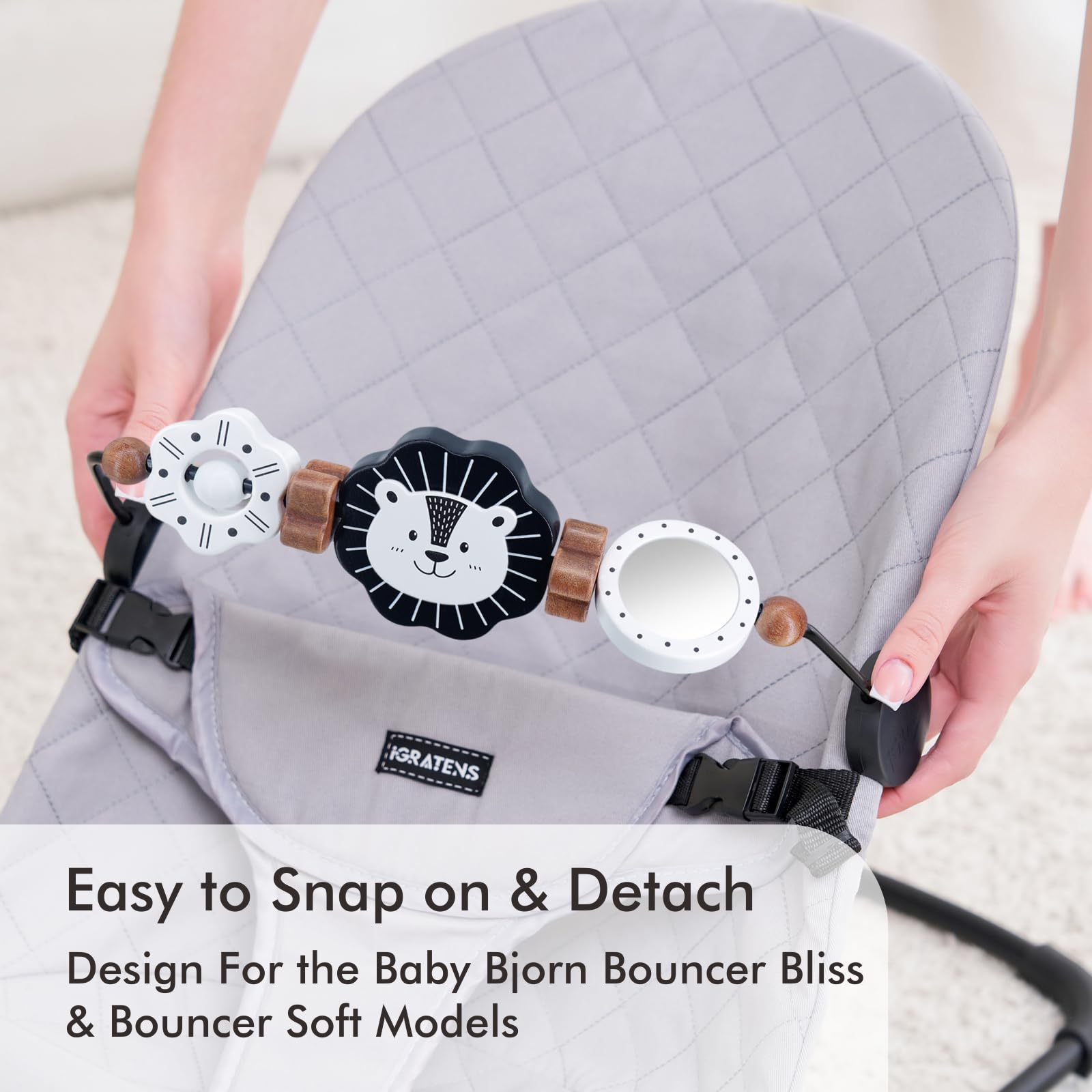 iGRATENS Baby Bjorn Bouncer Toy Bar, New Model Wooden Toy with Mirror for Baby Bouncer Soft & Bliss, Easy to Attach & Remove, Child-Friendly Material, Early Identification Black and White Toys, Lion - 5