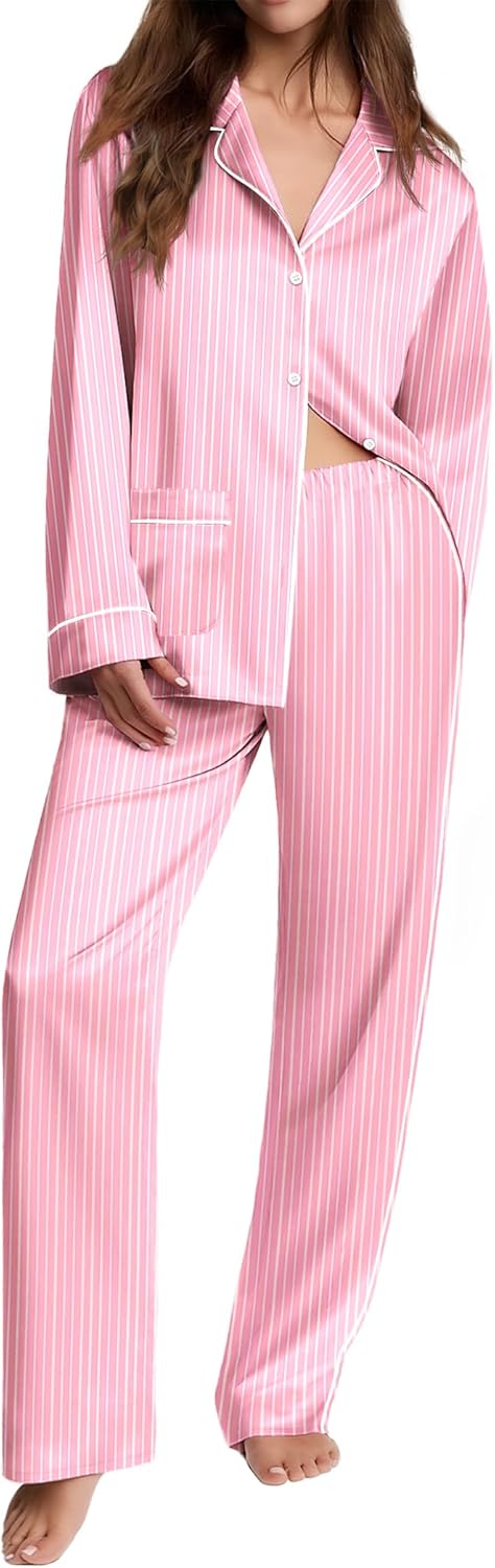 Ekouaer Womens Pajama Sets Satin Silk Pjs Classic Button Down Sleepwear Soft Long Sleeve Lounge Sets