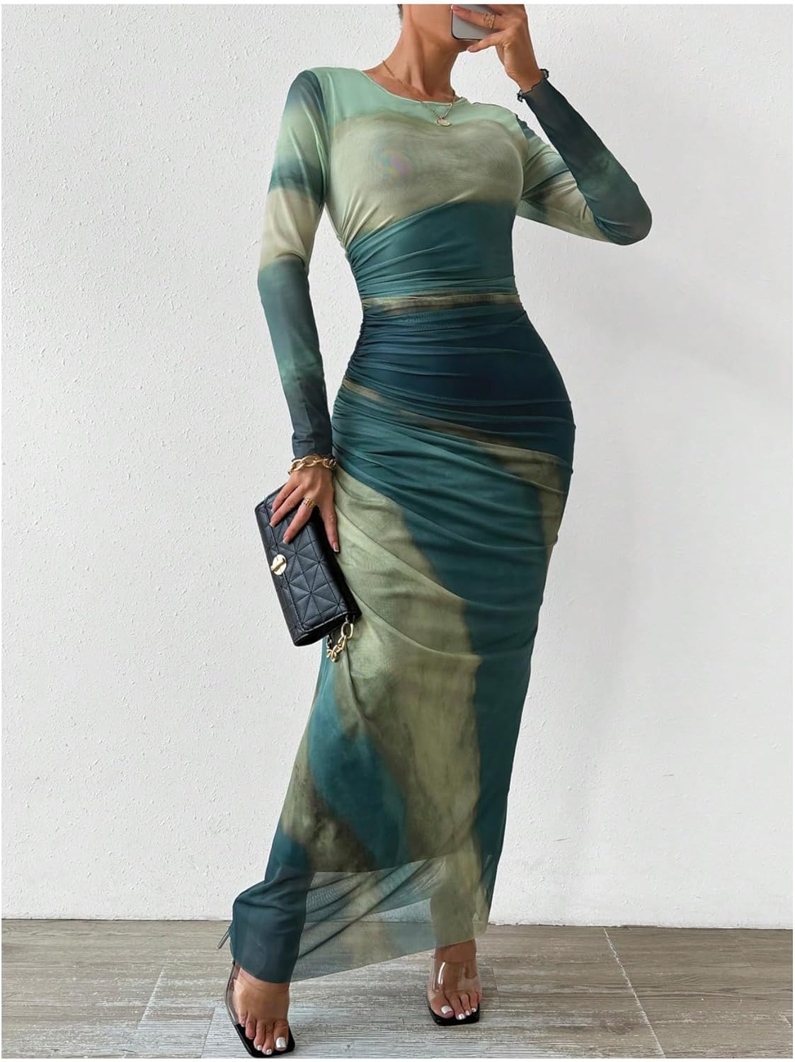 Women's Tie Dye Long Sleeve Maxi Dress Bodycon Ruched Night Out Formal Cocktail Long Dress for Wedding Guest Party - Image 3