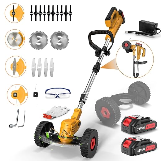 Cordless Weed Wacker,Weed Wacker Battery Operated with 3 Types Blades Grass Trimmer Cordless for Lawns Yard Garden with 2 Pcs of Batteries