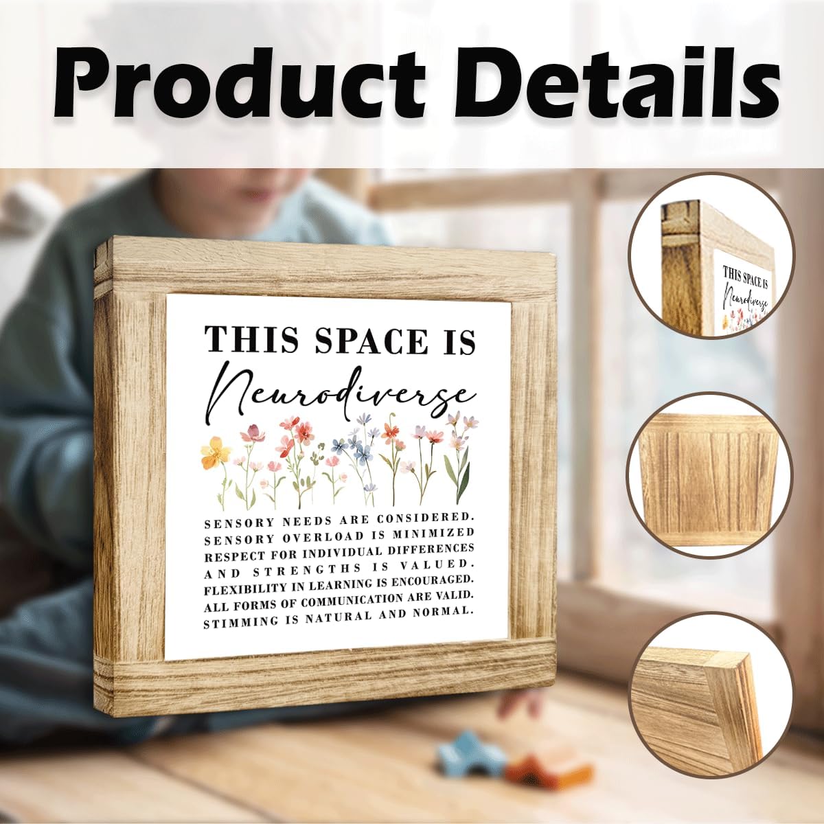 Autism Sign This Space Is Neurodiverse Solid Wood Sign Wooden Decor Signs For Wall Table ASD Awareness Acceptance Gift Mental Health Decor Autism Therapist Office Support Decoration 5.9x5.9 Inch - Image 2