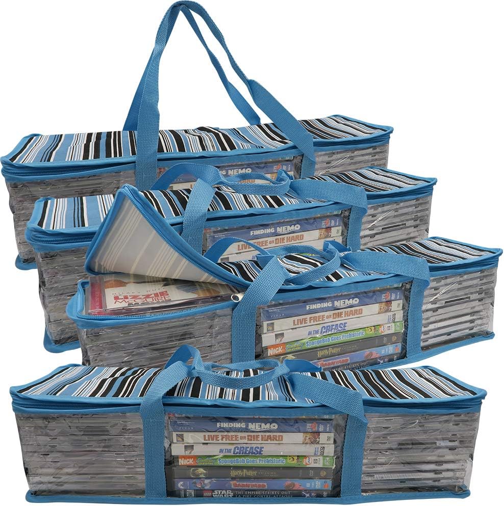 Evelots CD/DVD Storage Bag2 in 1Hold 24 CDs/8 DVDs Each BagBlue StripeSet/4