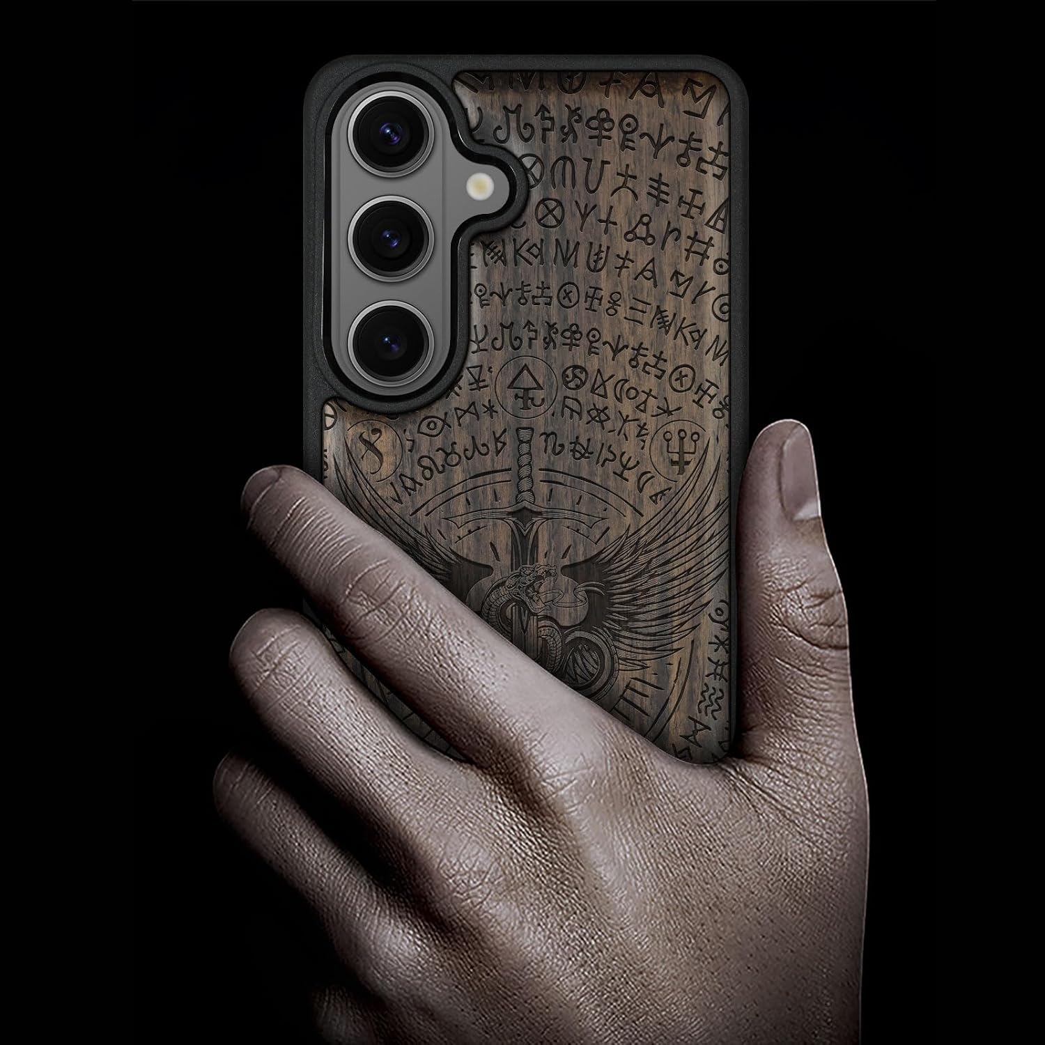 Carveit Magnetic Wooden Case for Galaxy S26+ Samsung S26 Plus Case, TPU Shockproof Cover & Wood Engraved, Compatible with MagSafe Wireless Chargers (Winged Serpent Blade) Blackwood