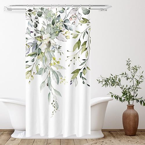 Miniatura 113 de Tititex - Juego de cortinas de ducha de hojas de eucalipto verde con cierres de presión, sin ganchos, forro interior verde, hojas de acuarela en la