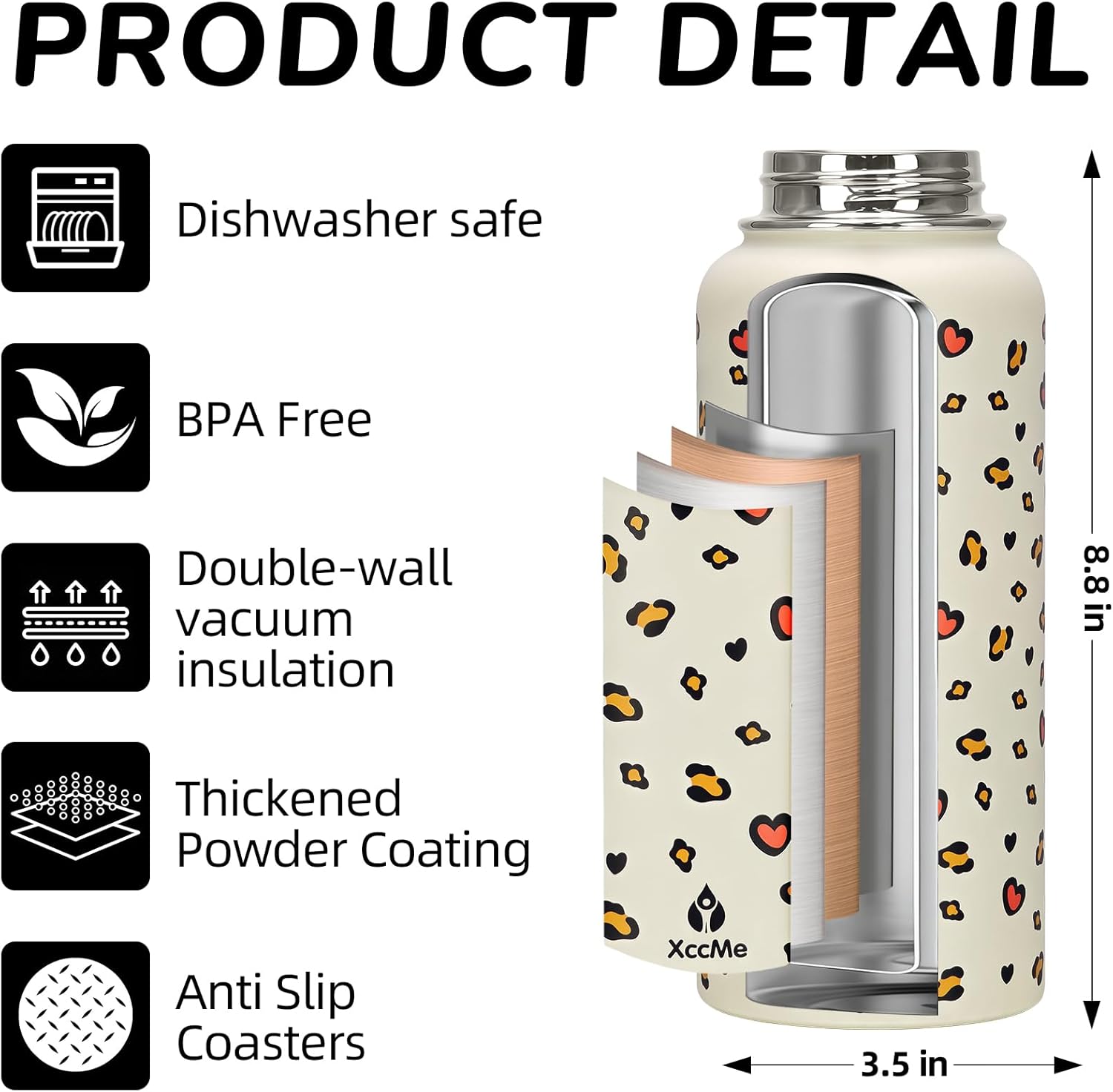 32 oz Insulated Water Bottle with Lid,Leopard Print Stainless Steel Water Bottl with Flip Straw and Handle,Gifts for Women Girls Teens Birthday Christmas,Leak Proof Cute Metal Water Bottle - Image 3