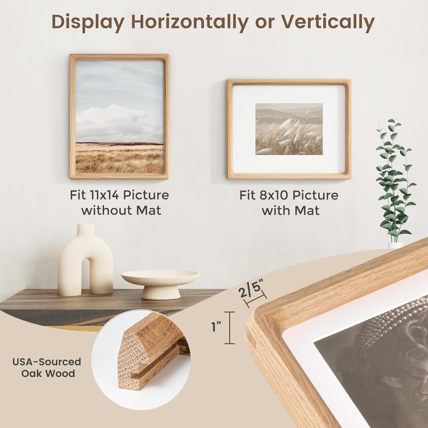 11x14 Picture Frame, USA-Sourced Oak Wood Photo Frames with HD Tempered Glass, Handcrafted Rounded Corner 11 x 14 Wooden Frames Matted to 8x10 Photos, 11x14 Frame, Horizontal or Vertical Wall Display - Image 2