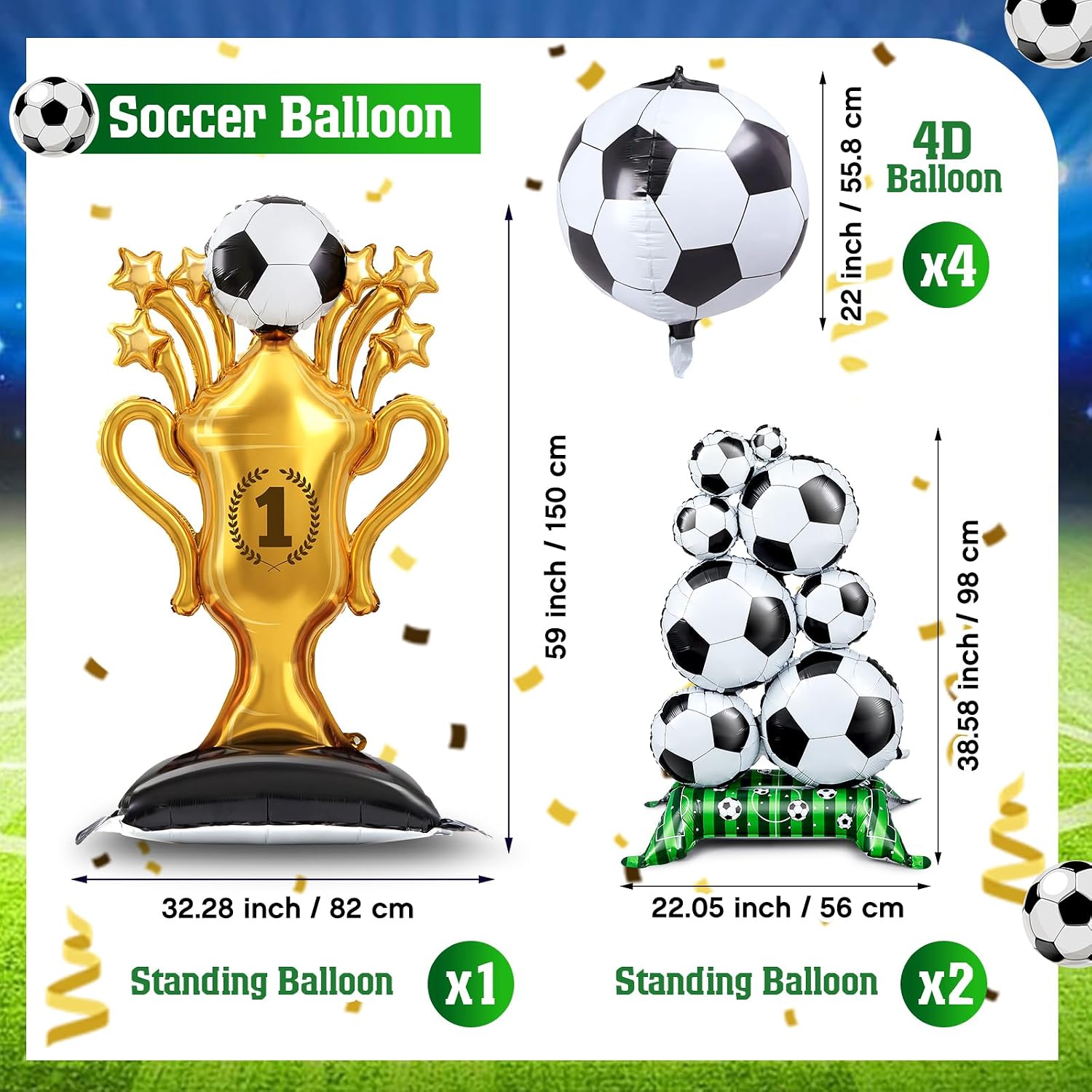 Soulchen 7 Pcs Giant Self Standing Soccer Trophy Foil Balloon Set Soccer Party Decorations Sports Birthday Themed Party Supplies for Fan