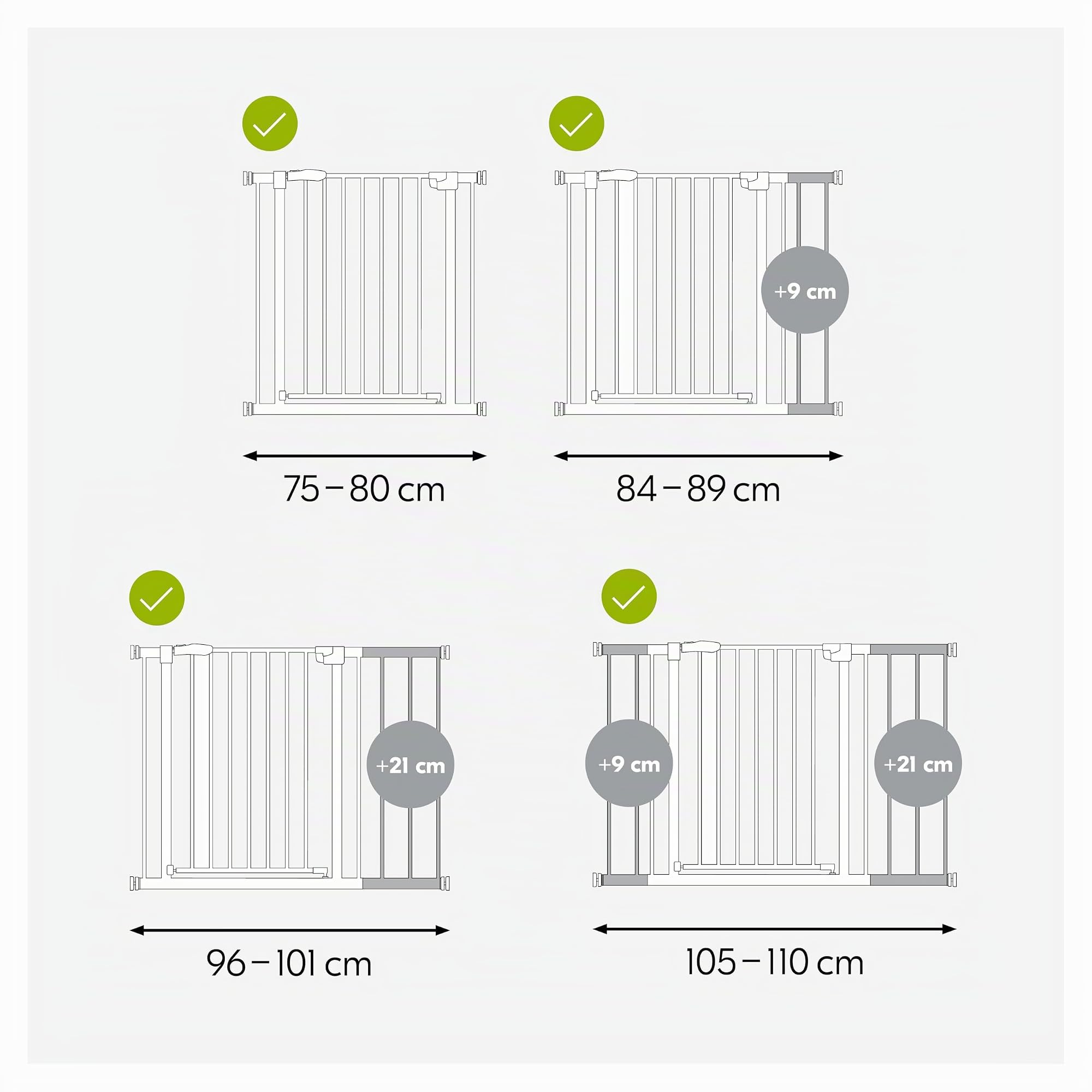 hauck Open N Stop 2 + 1x9 cm +1x21cm Verlängerung, Weiß - Kinderschutzgitter Hundegitter, Verstellbare Breite 105-110 cm, 77 cm Hoch, Einhand Öffnung, ohne Bohren, für Innen