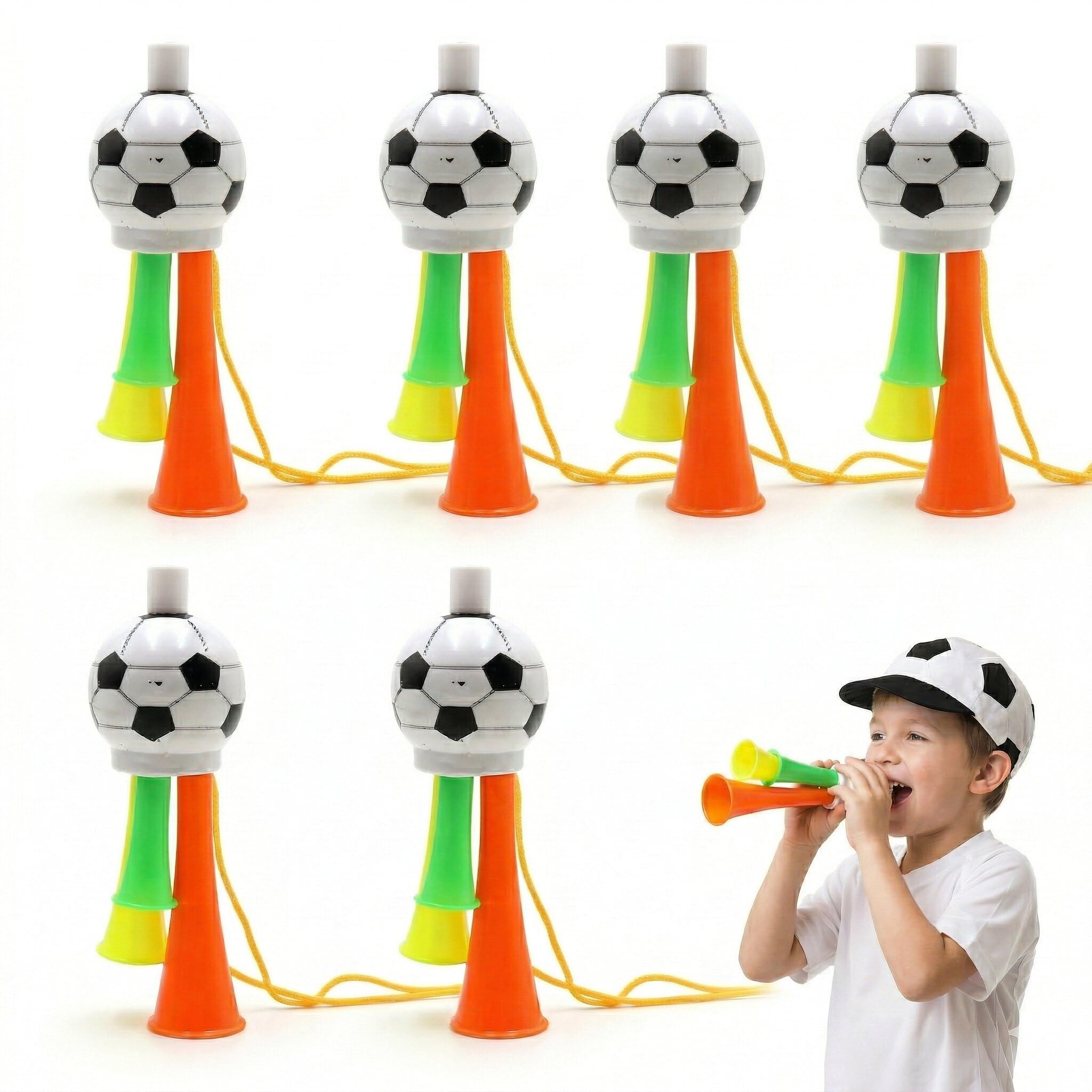 Set di 6 trombe da stadio a forma di pallone da calcio, trombe da tifoso in plastica sicura – per bambini e adulti, ideali per competizioni internazionali, partite e feste