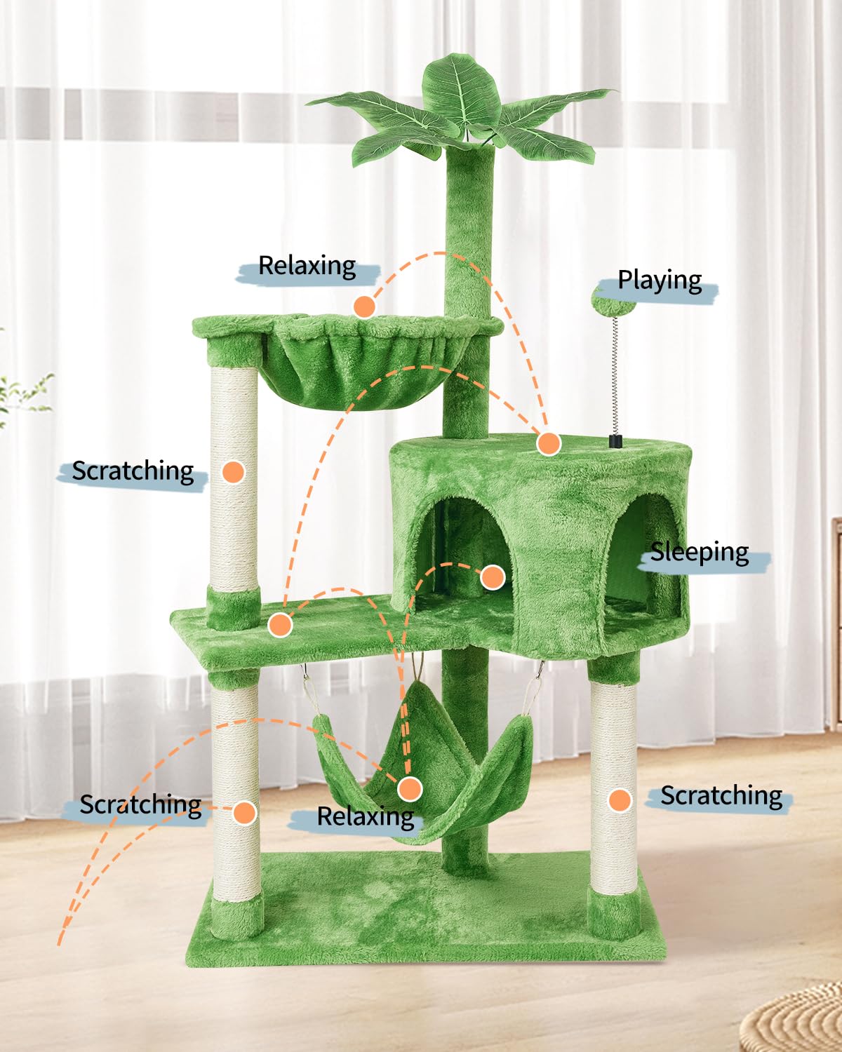KIYUMI Cat Tree Cat Tower Condo with Sisal Scratching Post for Indoor Cats Tree Furniture with Hammock Perch and Kitten Ball Toys, Multi-Level Pet Activity Center (Green)