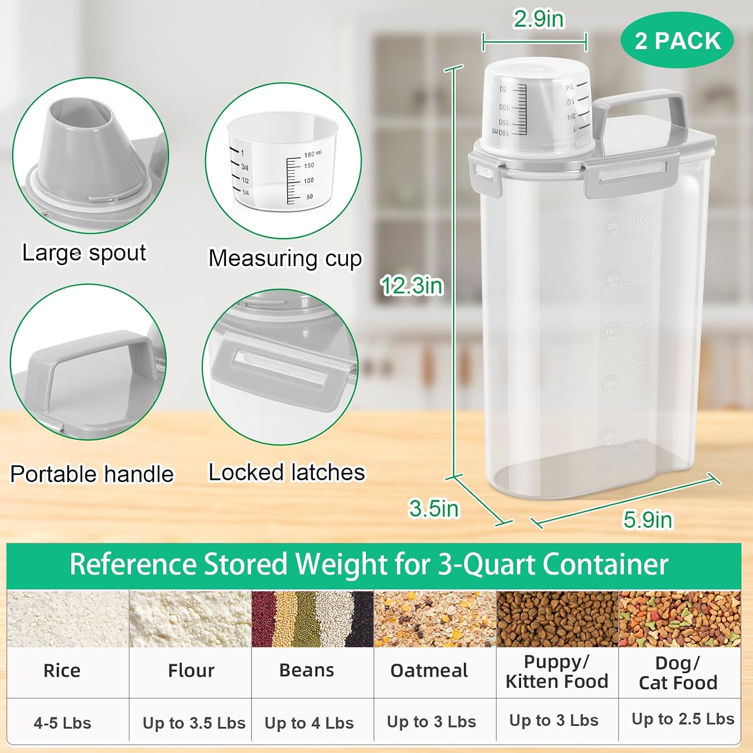 TBMax Rice Container 2 Pack 5 Lbs, Small Pet Dog Cat Food Container Dispenser, Kitchen Cereal Storage Container with Cup, Perfect for Daily Use, Travel, and Portion Control image 2