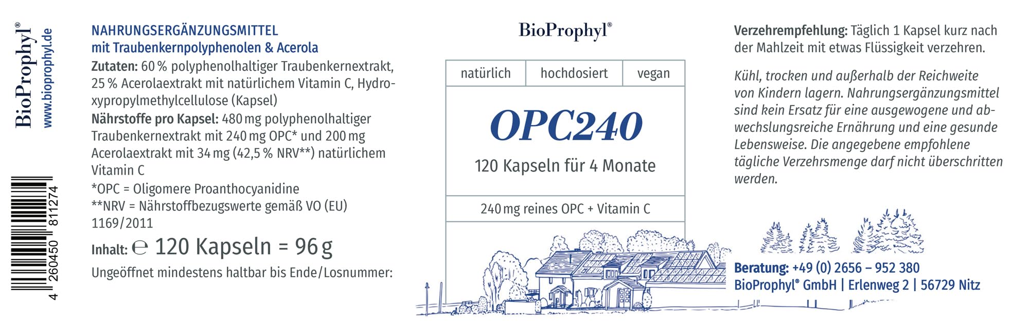 OPC240 - Das Original - 240mg reines OPC aus 600mg Traubenkernextrakt aus französ. Trauben mit Vitamin C aus Acerolakirsche - hochdosiert, zertifiziert - 60 pflanzl. Kapseln für 2 Monate