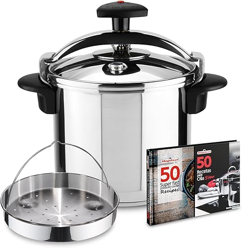 Magefesa Star - Juego exclusivo de olla a presión de 8.4 cuartos de galón, incluye cesta de vapor y libro de recetas, acero inoxidable 1810,