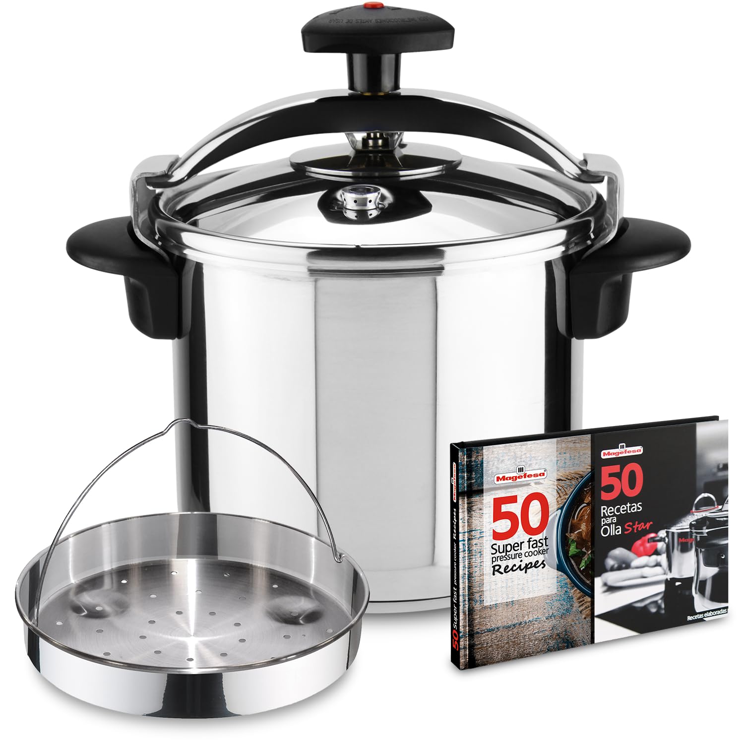 Magefesa Star Recta – Exclusive Pack of 8 Litres Traditional Express Pot + Basket + Recipe Book, Stainless Steel 18/10, Suitable for Induction