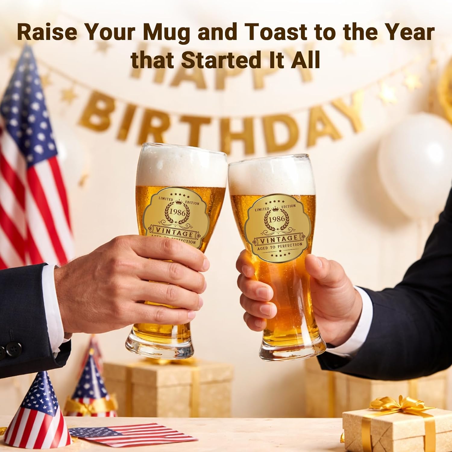 40th Birthday Gifts for Men Beer Glasses Set, 18oz Birthday Gift Ideas Gold Plating Beer Glass, Vintage 1986 Beer Glass 40 Year Old Birthday Decorations for Him, Dad, Husband image 2