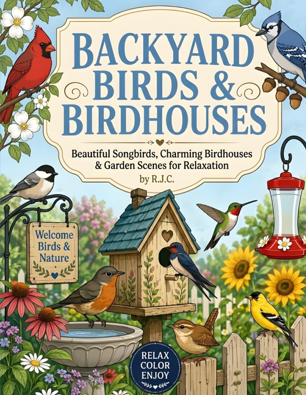 Backyard Birds & Birdhouses Coloring Book: Beautiful Songbirds, Charming Birdhouses & Garden Scenes for Relaxation