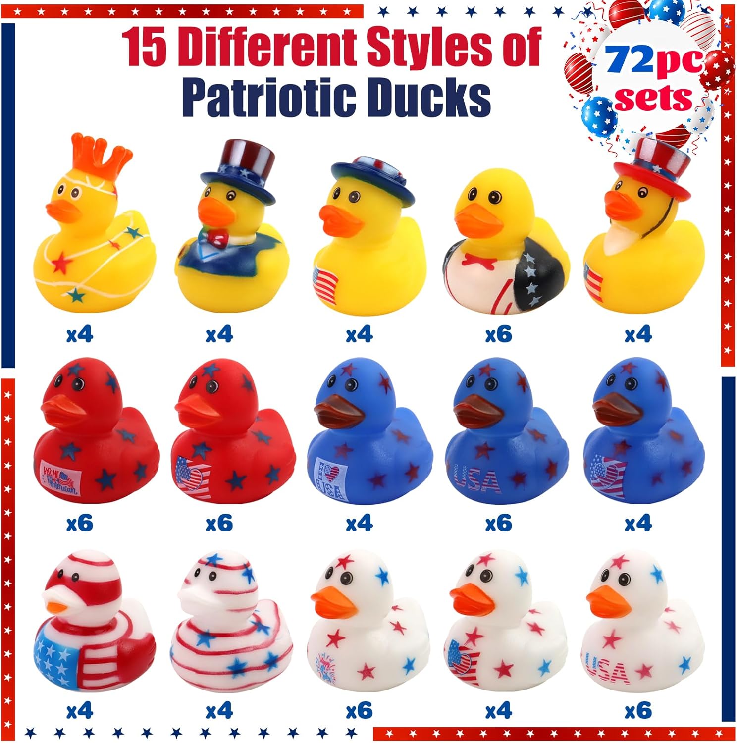 72 Pcs Patriotic Rubber Ducks - 4th of July Ducks Bag Fillers Ducking, Bathtub Toys, Party Favors, Classroom Game Prizes, Independence Day Decorations