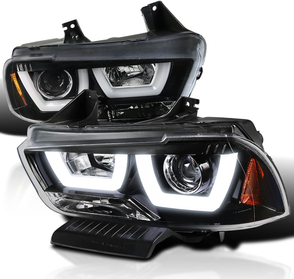 SPEC-D TUNING Jet Black Dual LED Tube Projector Headlights Compatible with 2011-2014 Dodge Charger, Left + Right Pair Headlamps Assembly