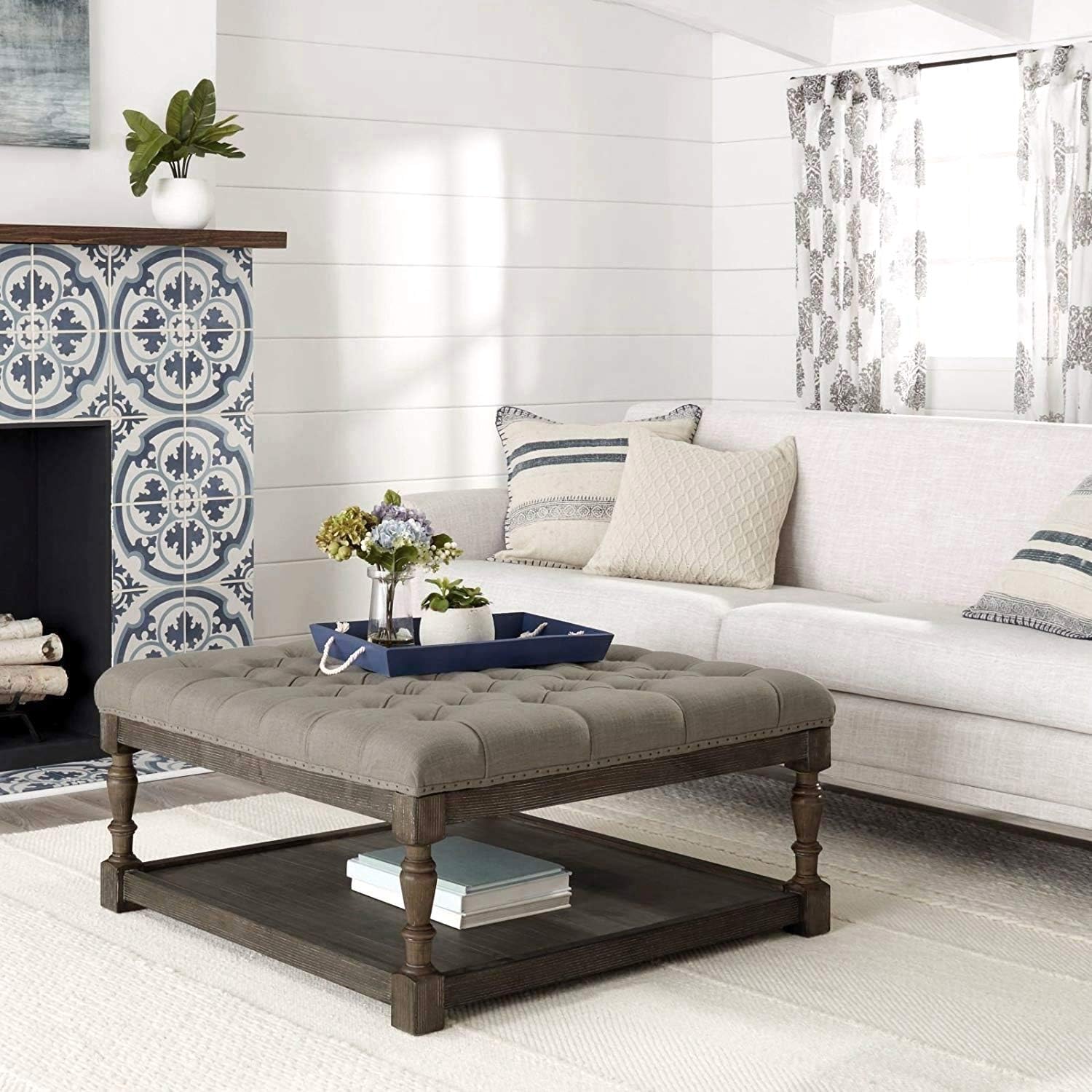 Tufted Ottoman Coffee Table Centerpiece Suitable for Living Rooms. Large Storage Bench Provides Comfort and Functionality. Beige Grey Linen Fabric and Sturdy Wooden Frame in Oak Enhance Your Home.