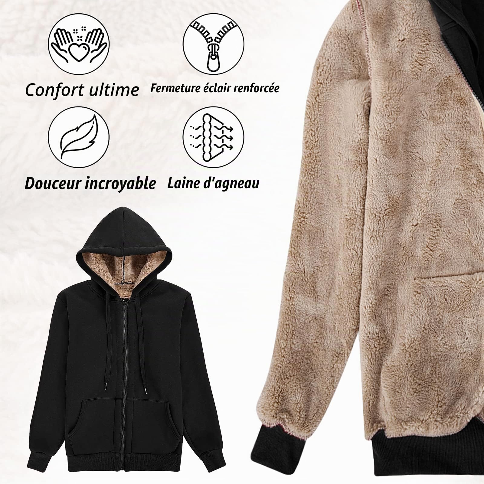 Niwicee Veste Polaire Femme Sweat À Capuche Doublure Polaire Chaud Doublure Zippée À Capuche Hoodies Sweatshirt Manches Longues Femme Sportsweater Fleece Automne/Hiver