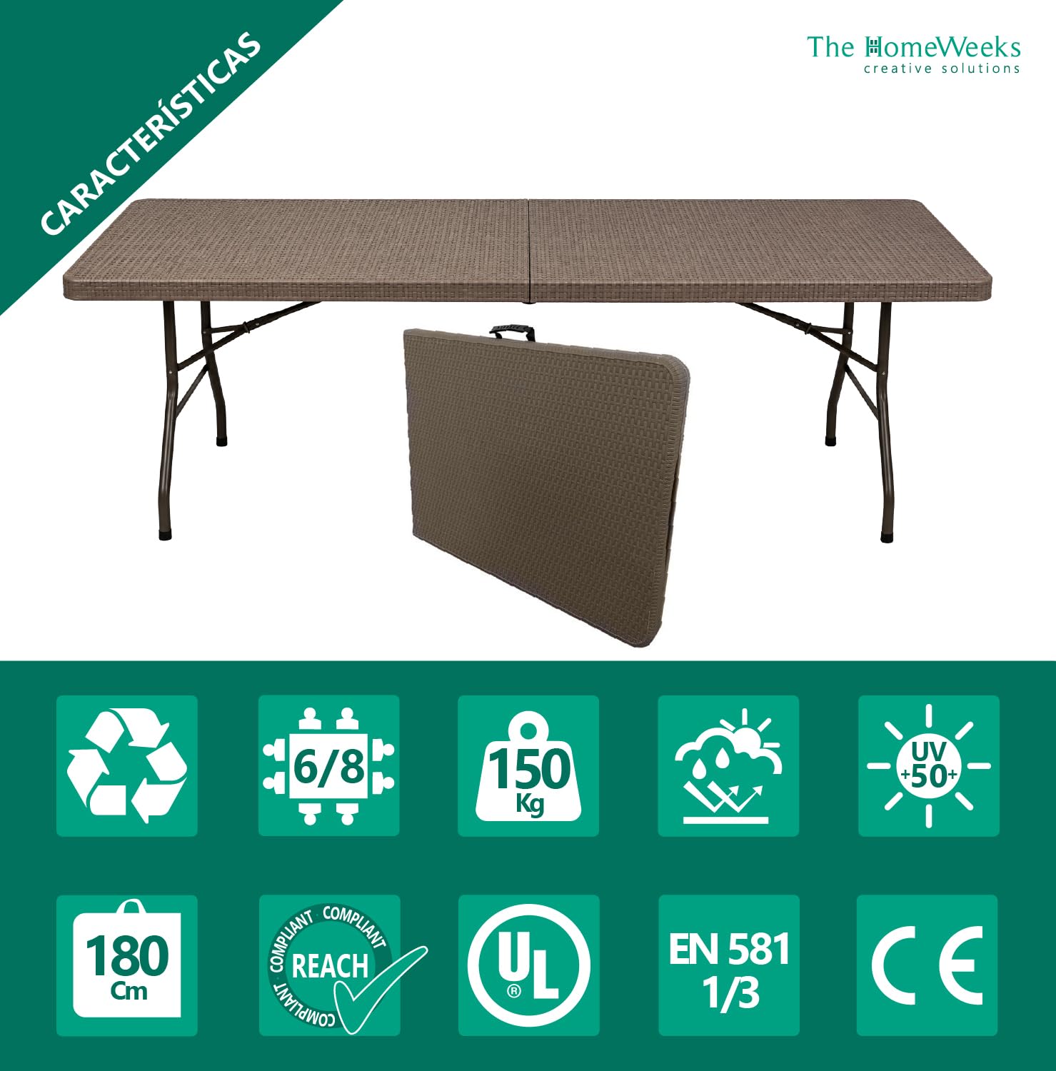 The Homeweeks Mesa Plegable Solid Efecto Ratan Marrón 180cm | portátil | Normativa Uso público | INT/ext | Tablero Resina HDPE 3,5cm | Capacidad 6/8 pers. | Carga 150 kg.