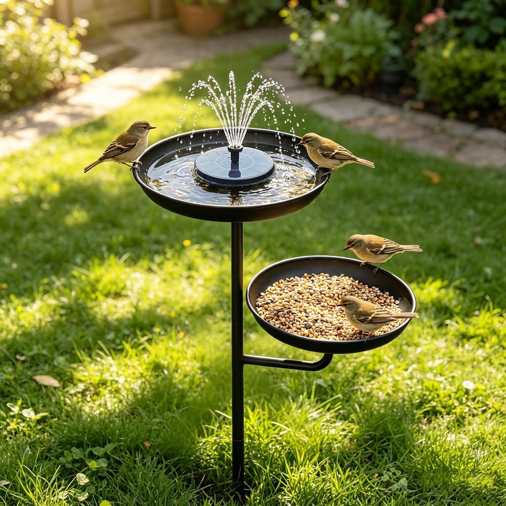 Heavy-duty Metal Double-tier Bird Bath, Featuring A Solar-powered Fountain, A Sturdy Five-legged Base And A Multi-functional Bird Feeder; Perfect For Outdoor Garden Decoration And An Ideal Choice For Bird Lovers