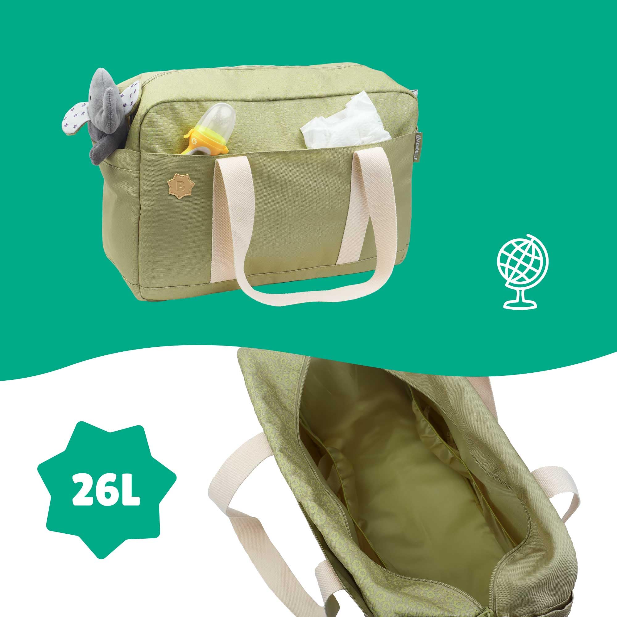 Badabulle Sac à langer Bowling, Grande Contenance 26L, Nombreuses poches, Matelas à langer inclus, Olive