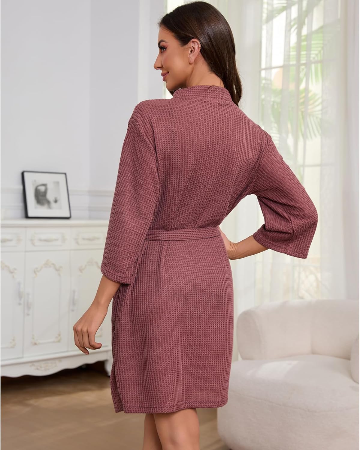 iniber Robes for Women Waffle Knit Bathrobe Soft Lightweight Knee Length Loungewear S-XXL - Image 4