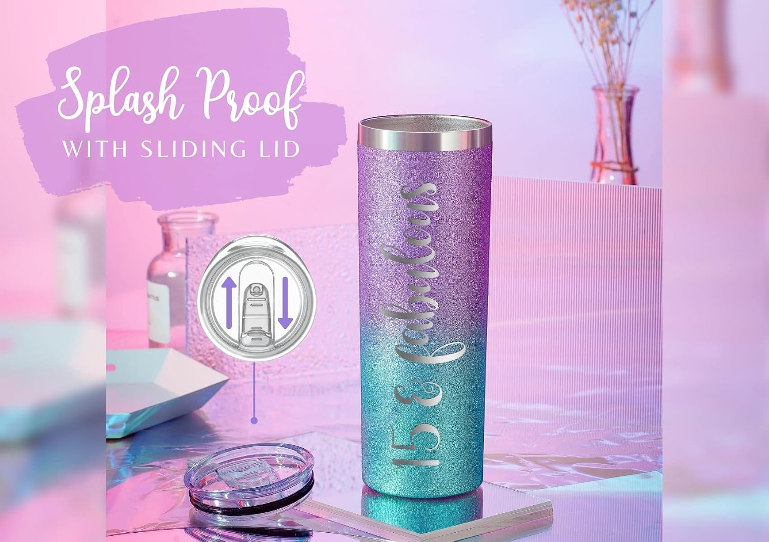 Quinceanera Gifts, 15 Year Old Girl Gifts for Birthday, 15th Birthday Gifts for Girls, Female, Her - 20oz/590ml Stainless Steel Insulated Tumbler with Straw, Lid - 15 & Fabulous (Glitter Purple Blue)