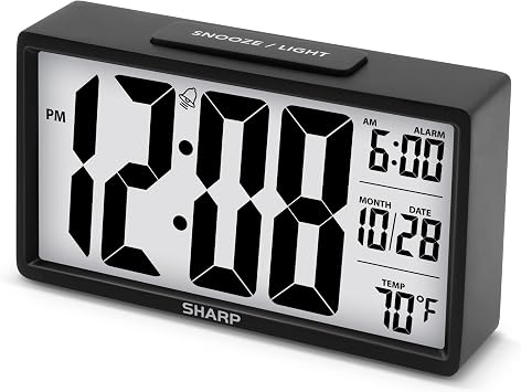 SHARP Alarm Clock with Easy to Read 2.8 Jumbo Screen with Indoor Temperature, Nightlight, Calendar, Battery Operated Digital Clock for Bedrooms or Travel, Black SPC5026AMZ