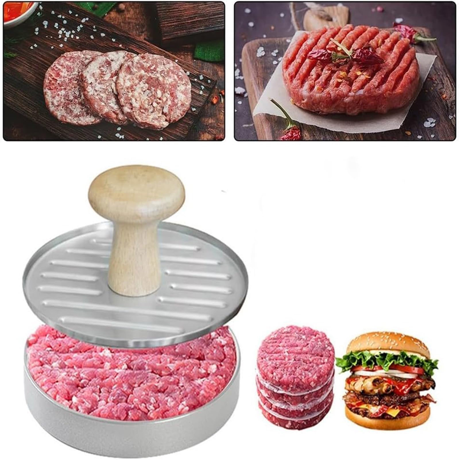 Hamburgerform, Hamburgerform aus Edelstahl, runde Form für Steaks, ideal für Hamburger, Fleischbällchen, Würstchen, Krabbenkuchen, Barbecues und allgemeines Kochen,Silber,6.8 x 13.3 cm