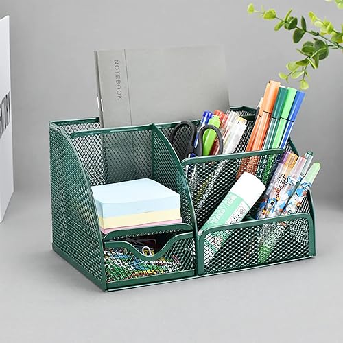 Vista 10 de VANRA Organizador de escritorio de malla para suministros de oficina, soporte de suministros escolares, 6 compartimentos con cajón (verde)