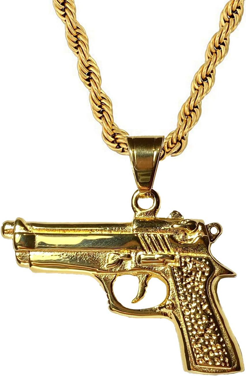 Men Women Gun Revolver Pistol Riffle Solid 14k Gold Finish Pendant Stainless Steel Real 2.5 mm Rope Chain Necklace, Mens Jewelry, Gold Pendant, Rope Necklace, Pistol Pendant, Gun Pendant