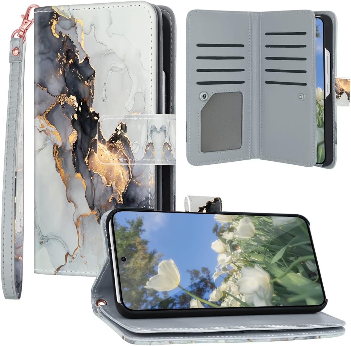 Fingic for Samsung Galaxy S22 Case, Galaxy S22 Case Wallet Marble 9 Card Holder PU Leather Detachable Wrist Strap Wallet Case for Women Cover for Samsung Galaxy S22 5G (6.1 inch), Black