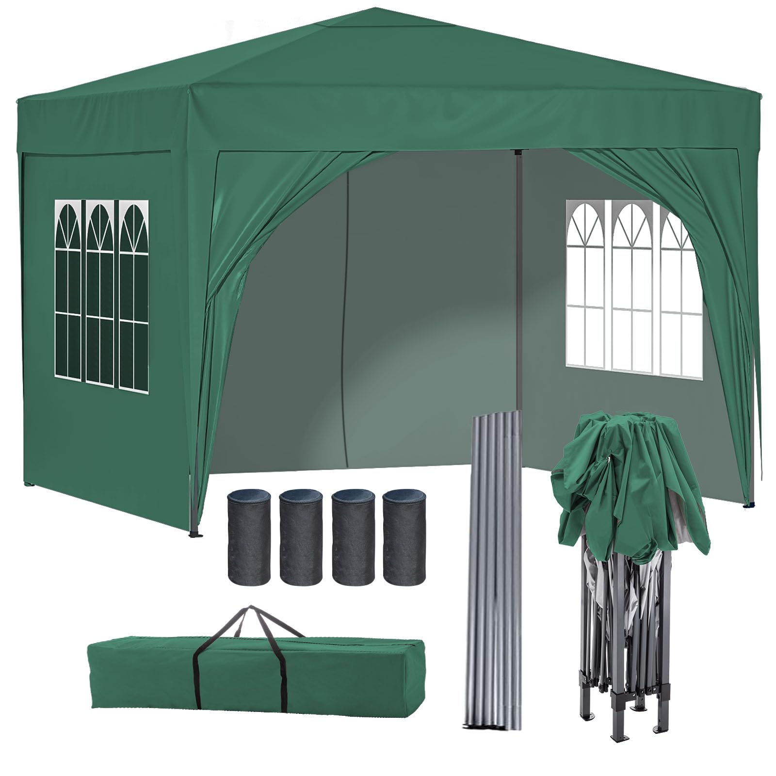 BIRCHTREE Pop Up Gazebo with Sides, 3m x 3m Waterproof with 2 Free Weather Support Beams 4 Gazebo Weight Bags. Garden Canopy Outdoor, Party Tent, 260g Polyester Powder Coated Steel Frame. GREEN