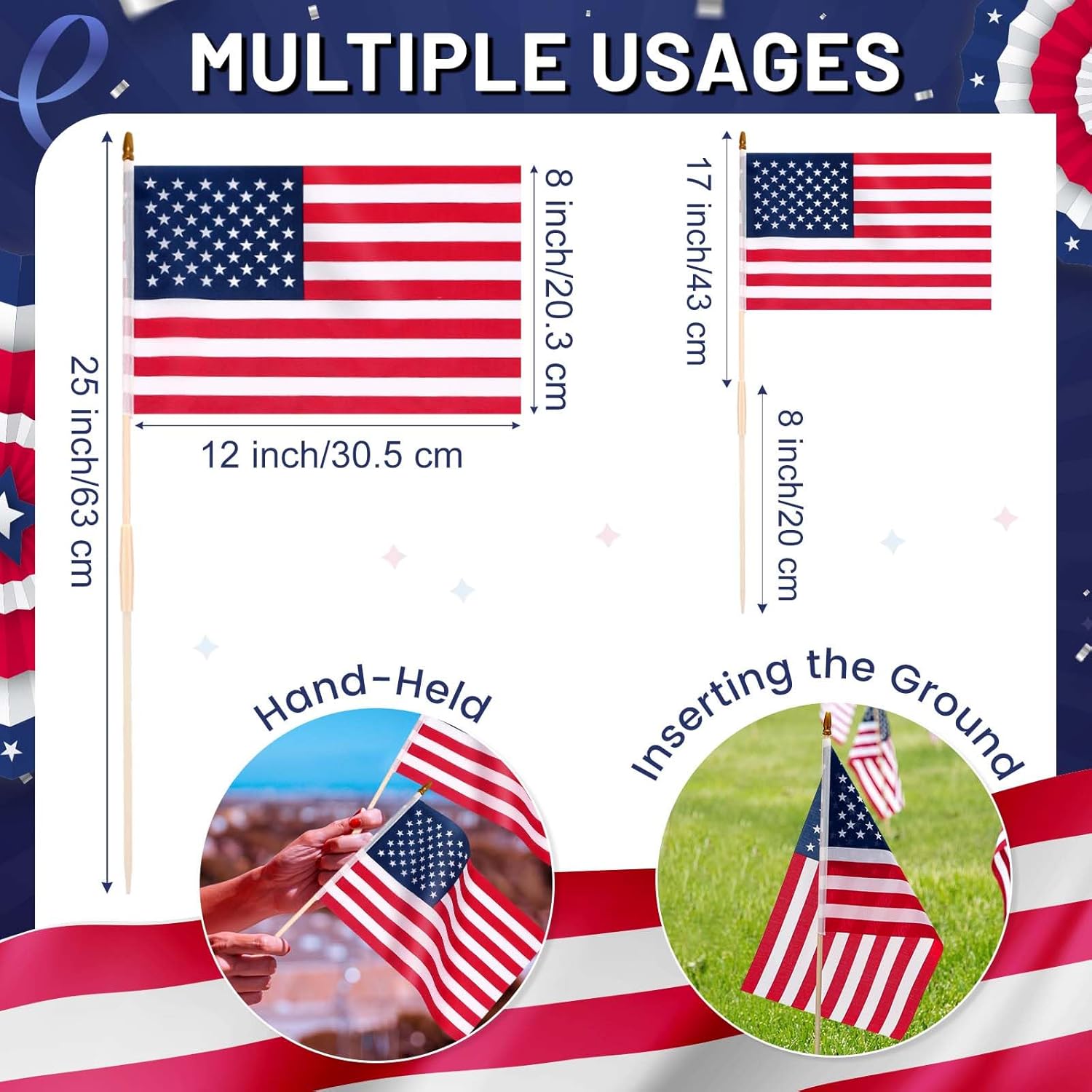 Mindsoft 50 Pack American Flags on Stick, 8 x 12 Inch, Handheld USA Flags with Spear Top, Ground Wood Flagpole Pluggable Hand Held Stick Flags for Memorial Day Parades Veteran Party Decorations