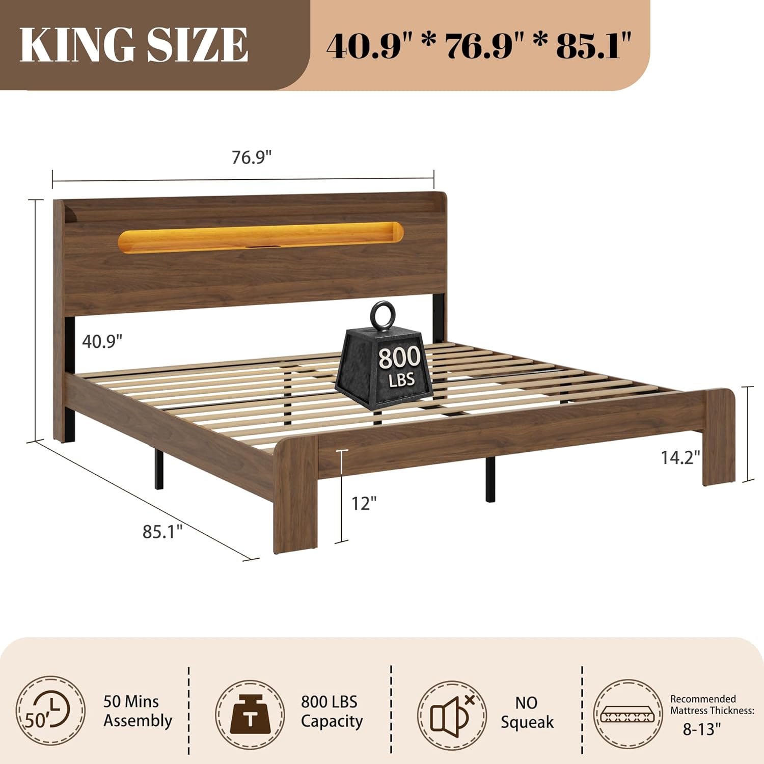 Wooden Bed Frame Queen Size with Headboard, Platform Bedframe with Charging Station & Led Lights, Sturdy and Stable Wood Bed Frame, Wood Slat Support (Walnut, King)