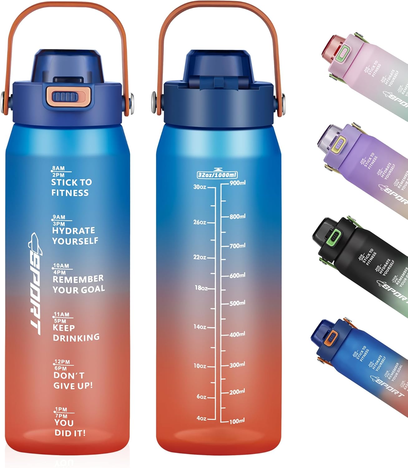 Motivational Water Bottle 32oz with Time Marker- Leakproof & BPA Free Sports Water Bottle with Straw & Carry Strap for Gym, Travel and Outdoor Sports (Blue/Orange Gradient)