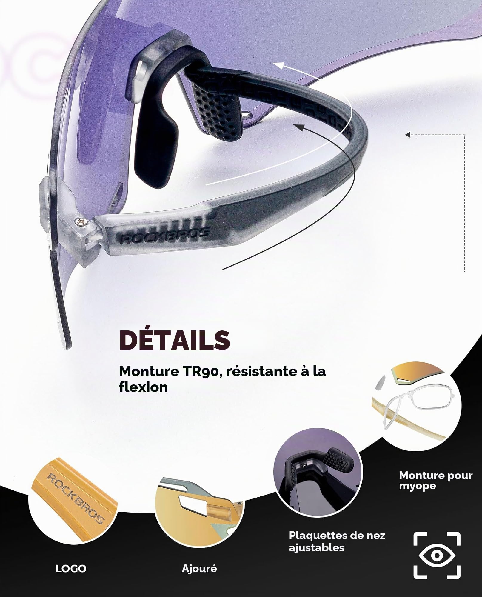 ROCKBROS Lunettes de Cyclisme Homme Femme Lunettes de Soleil TR90 Cadre Mémoire Léger Coupe-Vent Lentille Incurvée Haute Définition Protection VTT Vélo Route Pêche Course
