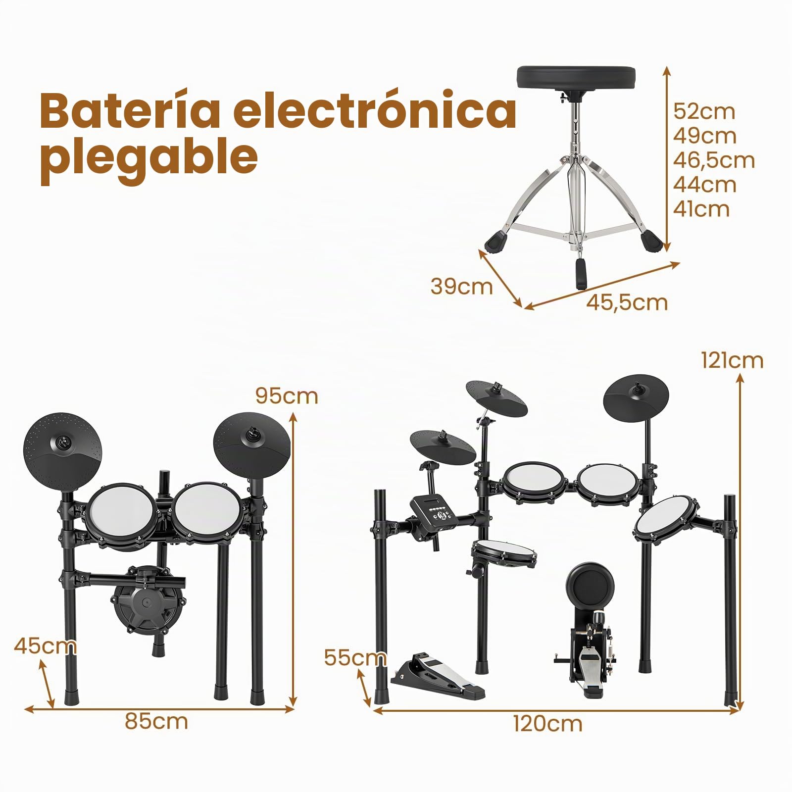 KOMFOTTEU Batería Electrónica Plegable, Batería Musical con 225 Sonidos, 15 Combinaciones de Batería, 30 Canciones, 9 Metrónomos, Instrumento Musical con Taburete Ajustable y Auriculares, MIDI