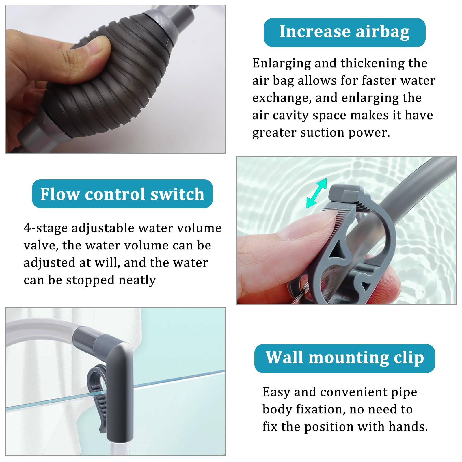 CONNECTION 7 Pcs Fish Tank Water Changer 2.2M Aquarium Siphon Gravel Cleaner Fish Tank Cleaning Kit with 2 Hard Long Tubes Filter Syphon Fixation Clamp for Regular Water Change Filter Sand Clean(Gray) - Image 3