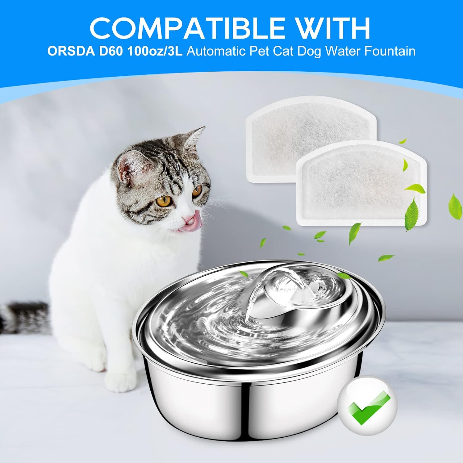 Cat Water Fountain Filter Replacement Compatible with ORSDA D60 100oz/3L, Pet Fountain Filter Replacement for Automatic Pet Dog Water Dispenser 14 Pack image 2