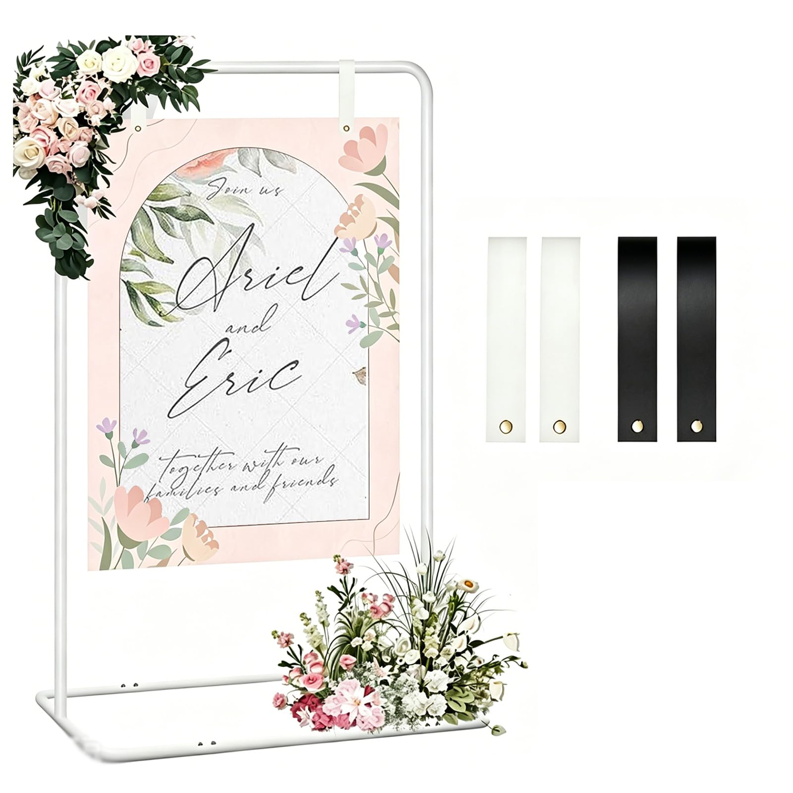 Porta cartello di benvenuto per matrimonio, 80 x 50 x 173 cm, cartello di benvenuto per matrimonio, con 4 cinghie in pelle nera, supporto per matrimoni, poster, piano di seduta, ricevimenti (bianco)