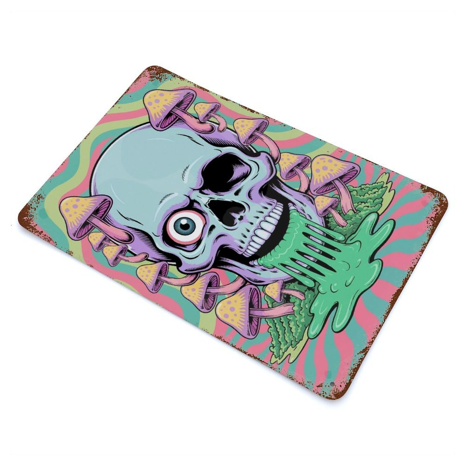 Skull with Mushrooms Trippy Art Rust Effect Tin Sign 11.8"x7.9", Ideal for Farmhouse, Kitchen And Entryway Decor