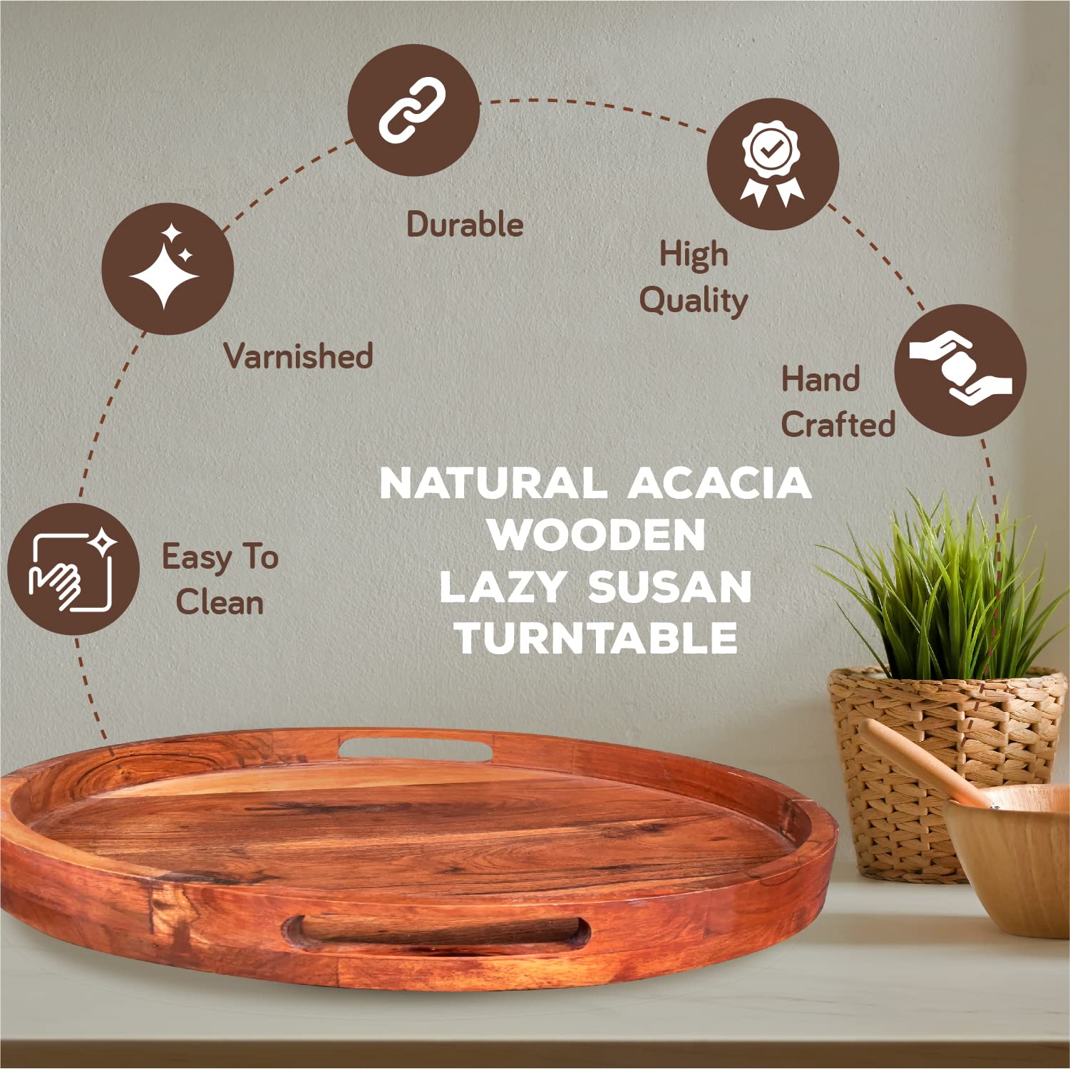 Galleon Gourmet - Large Lazy Susan Turntable Tray with Handles & Lipped Edge - Acacia Wood - 18" Diameter
