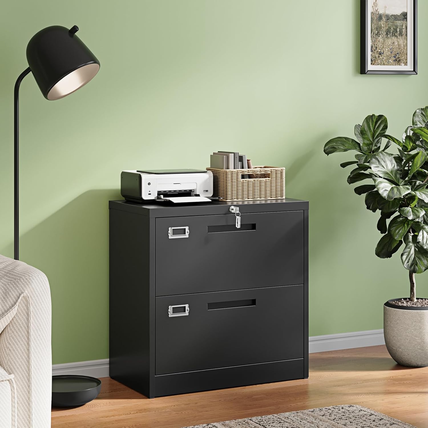 Letaya 2 Drawer File Cabinets with Lock,Metal Lateral Filing Storage Cabinet Printer Stand,Black Steel Home Office Cabinet for Hanging Files Letter/Legal/A4 Size (Black, H27.95×W28.35×D15.74)