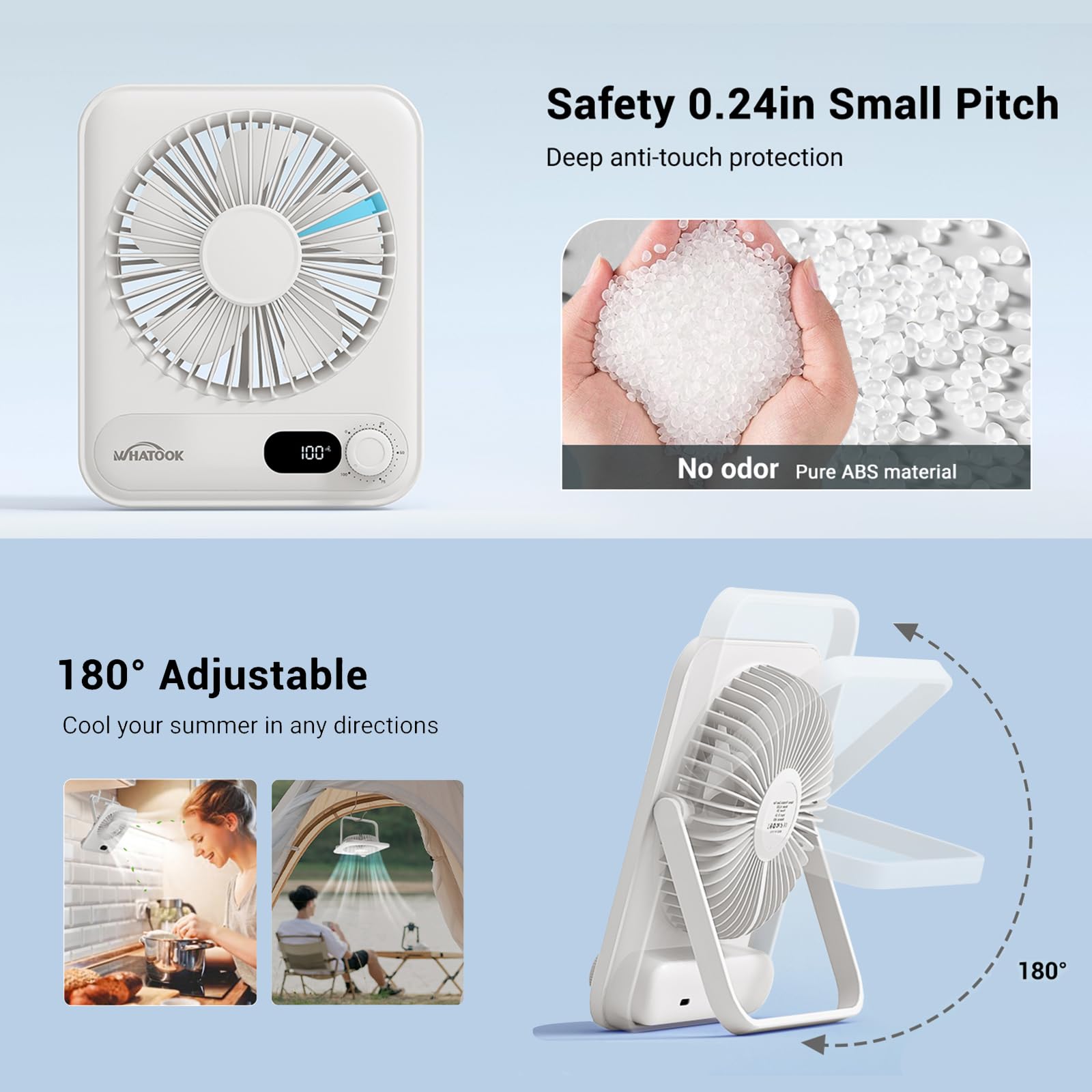 WHATOOK Piccolo ventilatore da tavolo Ventilatori personali: 2000 mah 10 ore batteria da ufficio silenzioso mini ventilatore da tavolo portatile ricaricabile essenziale da viaggio