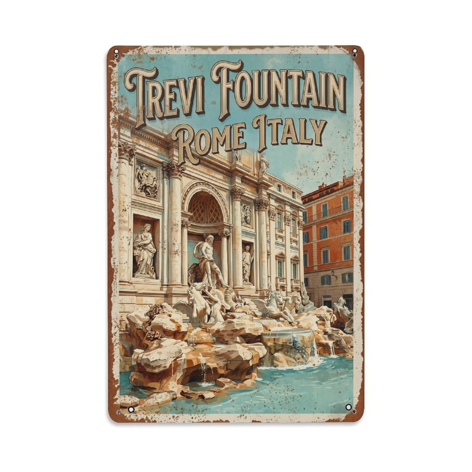 Vintage Travel Fountain Rome Metal Tin Sign Wall Decor for Cafe, Club, Garden Metal Poster 8x12Inch