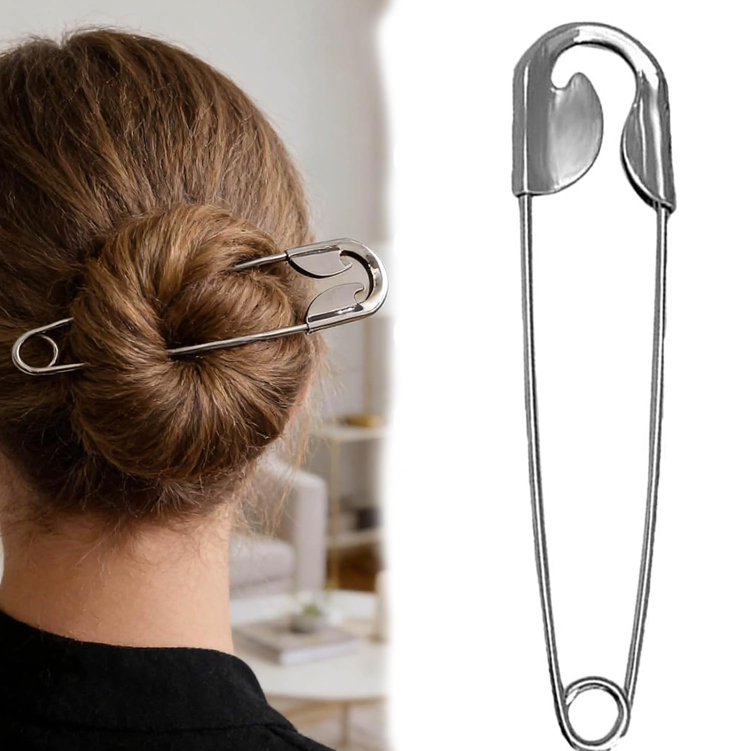 VAMA FASHIONS Oversized Anti Tarnish Stainless Steel Safety Pin Hair Clip Large Metal Hairpin Buns Updos Durable Alloy Juda Styling Tool for Women & Girls (Silver Oversized Safety Pin)