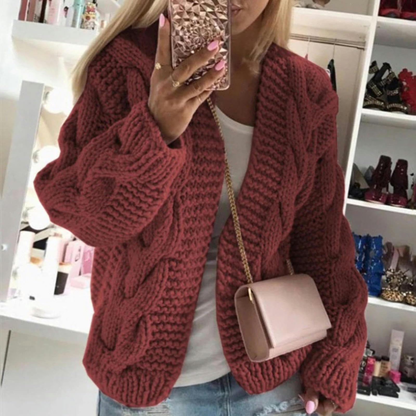 TEidea Rebeca Mujer Verano Cárdigan Acogedor Y Elegante De Otoño/Invierno Damas: Cárdigan De Punto Grueso para Mujeres con Giro De Hilo Cálido Y Texturizado